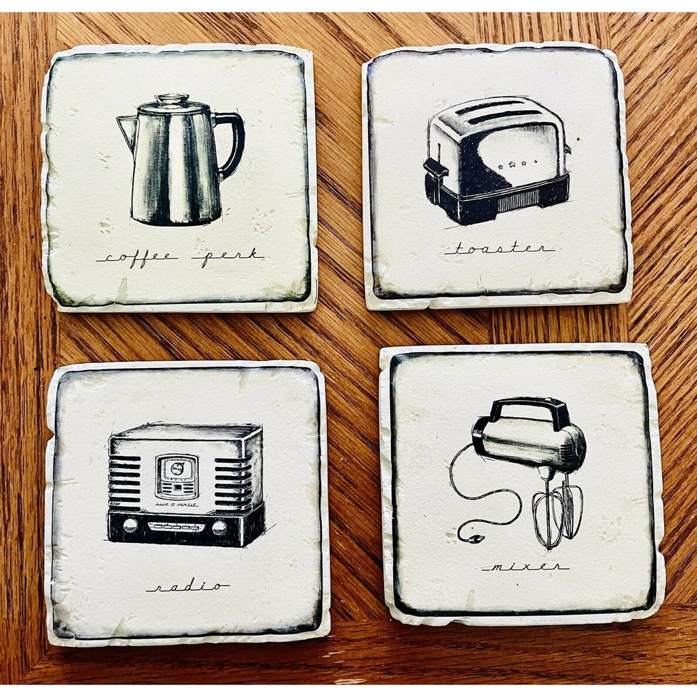 Stoneware Retro Tile Coaster Set 4 Cork Bottom NIB